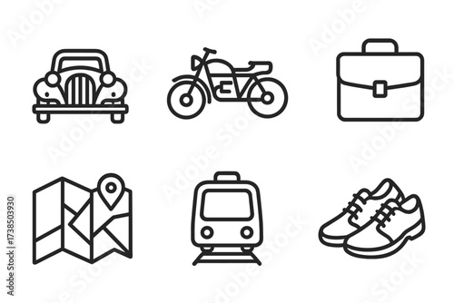 Detective Transport Icons. Outline icon set of detective transportation: vintage car, motorcycle, bicycle, briefcase, city map, subway train, taxi, walking