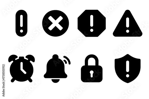 Late Payment Alerts. Solid, filled icon set of late payment warning symbols: exclamation mark, red cross, stop sign, warning triangle, alarm clock, bell