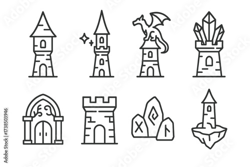 Fantasy Tower Icons. Outline icon set of fantasy towers: wizard tower, magic spire, dragon perch, crystal tower, enchanted gate, stone turret, ancient runes,