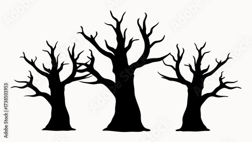 Three bare trees stand silhouetted against a white background creating a stark and simple composition