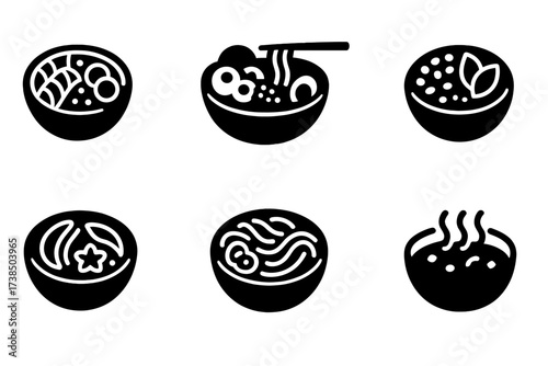 Food Bowl Icons. Solid, filled icon set of food bowls: poke bowl, acai bowl, ramen bowl, grain bowl, smoothie bowl, buddha bowl, pasta bowl, soup bowl. [Line