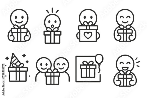 Gift Emotion Icons. Outline icon set of gift emotions: happy face with gift, surprise gift, love gift, thank you gift, celebration gift, friendship gift,