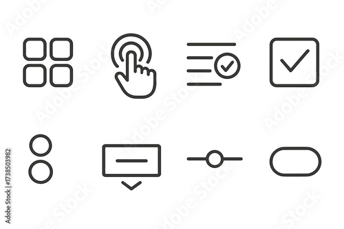 Touch Interface Icons. Outline icon set of touch user interface: button grid, icon tap, menu selection, checkbox, radio button, dropdown, slider bar, toggle.