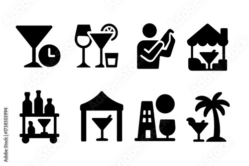 Cocktail Event Icons. Solid, filled icon set of cocktail events: happy hour, tasting event, mixology class, bartending competition, cocktail festival, lounge