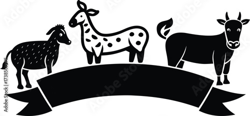 Wild animal silhouettes vector illustration with horses dogs, deer and goats in black and white style