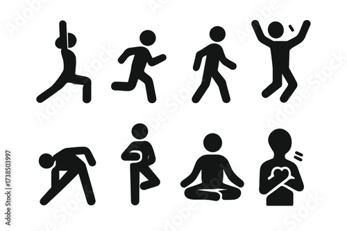Barefoot Exercise Icons. Solid, filled icon set of barefoot exercise: yoga pose, running, walking, jumping, stretching, balancing, meditation, breathing. [Line