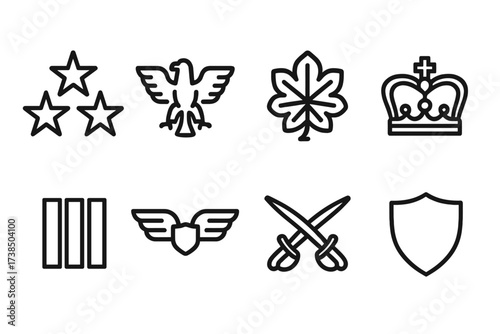 Military Rank Icons. Outline icon set of officer ranks: star cluster, eagle, oak leaf, crown, bars, wings, crossed sabers, shield. Line icons in only black