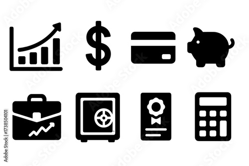 Finance Icons Grid. Solid, filled icon set of tycoon finance and investments: stock chart, dollar sign, credit card, piggy bank, investment portfolio, safe,