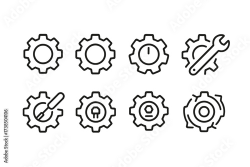 Digital Gear Icons. Outline icon set of digital gear symbols: settings gear, cogwheel, adjustment gear, control knob, gear with wrench, gear with screwdriver,