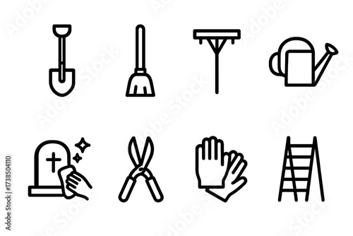 Tomb Maintenance Icons. Outline icon set of tomb maintenance: shovel, broom, rake, watering can, stone cleaning, pruning shears, gloves, ladder. Line icons in