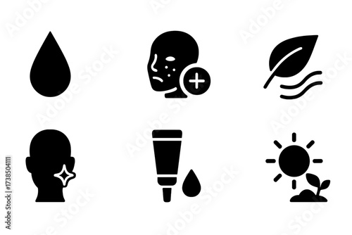 Cream Benefits Icons. Solid, filled icon set of cream benefits: hydration, anti-aging, skin repair, soothing, brightening, moisturizing, sun protection,