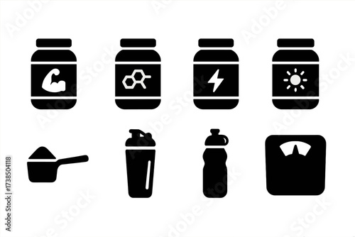 Fitness Supplement Icons. Solid, filled icon set of powder in sports and fitness: protein powder, creatine powder, pre-workout powder, energy powder,
