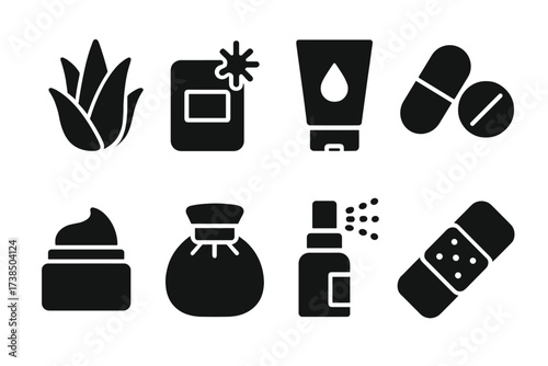 Sunburn Treatment Icons. Solid, filled icon set of sunburn treatment: aloe vera, cold compress, lotion tube, pain relief pill, moisturizer, ice pack, hydrating