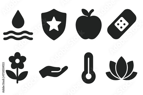 Pocket Balm Benefits Icons. Solid, filled icon set of pocket balm benefits: hydration, protection, nourishment, healing, soothing, softening, refreshing,