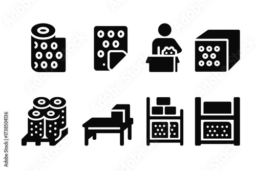Bubble Wrap Icon Set. Solid, filled icon set of bubble wrap storage: rolled bubble wrap, folded sheet, warehouse packing, storage box, stockpile, inventory