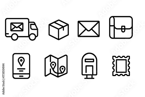 Mail Transport Icons. Outline icon set of mail transport and delivery: mail truck, parcel, letter, courier bag, GPS device, route map, postbox, stamp. [Line