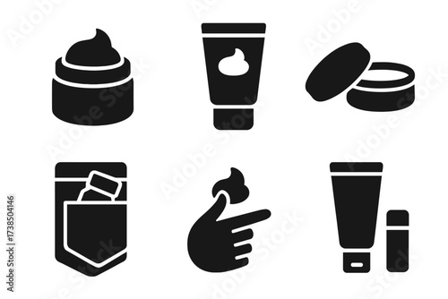 Travel Essentials Icons. Solid, filled icon set of cream balm travel essentials: compact size, leak-proof packaging, travel tube, reusable container, pocket