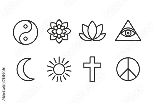 Spiritual Symbol Icons. Outline icon set of spiritual symbols: yin yang, mandala, lotus flower, eye of providence, crescent moon, sun rays, cross, peace sign.