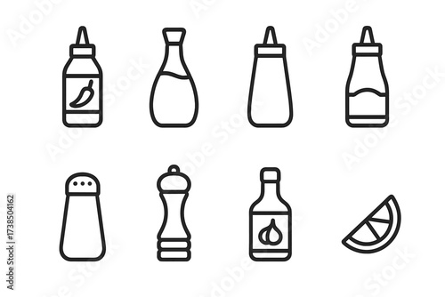 Street Food Condiments Icons. Outline icon set of street food spices and condiments: chili sauce, soy sauce, mustard, ketchup, salt shaker, pepper grinder,