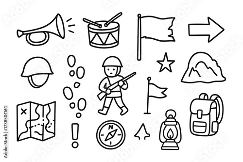 Enemy Retreat Symbols. Hand-drawn doodle illustration Enemy retreat signals trumpet, drum, torn banner, flag, arrow sign, helmet, boot prints, soldier figure,