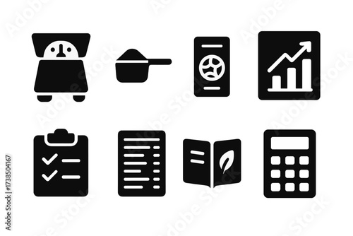 Protein Measurement Icons. Solid, filled icon set of protein measurements: gram scale, measuring spoon, food label, protein content chart, checklist, nutrition