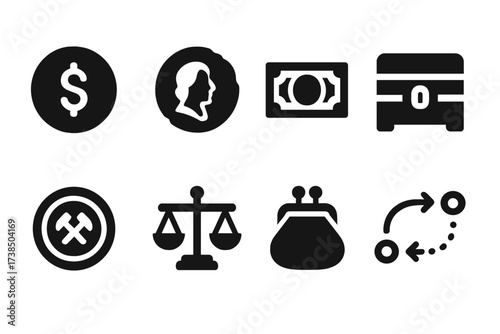 Historical Currency Icons. Solid, filled icon set of historical currency: gold coin, ancient coin, old banknote, treasure chest, mint stamp, scale balance,