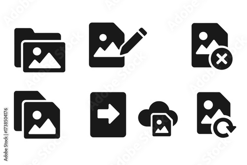 Photo File Management Icons. Solid, filled icon set of photo file management: photo folder, file rename, file delete, duplicate image, compress image, move