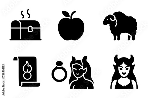 Mythical Temptations Icons. Solid, filled icon set of temptation in mythology: Pandora?s box, Eve?s apple, siren?s harp, golden fleece, forbidden scroll,