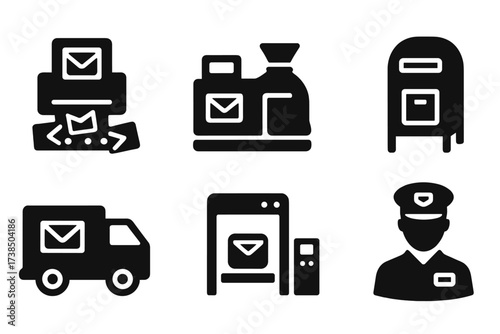 Mail Processing Icons. Solid, filled icon set of mail processing: sorting machine, postage meter, mail bag, post office box, delivery truck, parcel scanner,