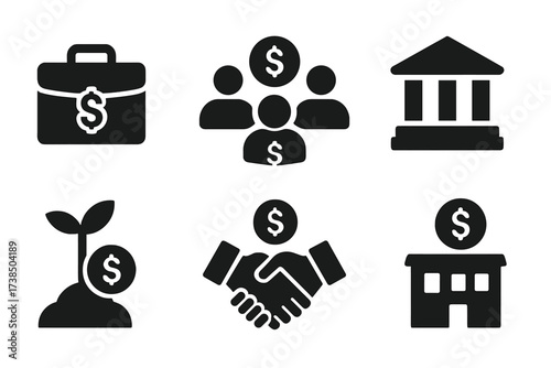 Funding Sources Icons. Solid, filled icon set of funding sources: venture capital, crowdfunding, angel investor, government grant, corporate sponsor, seed