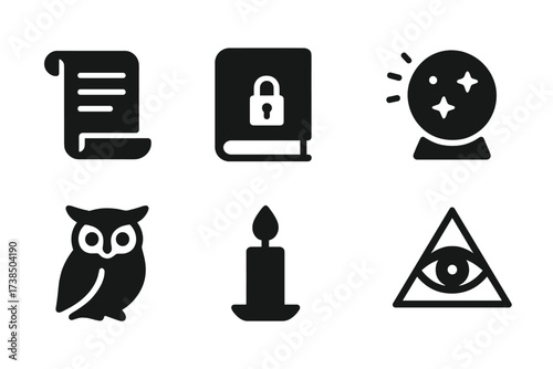 Mystical Knowledge Icons. Solid, filled icon set of secret knowledge and wisdom: ancient scroll, book with lock, glowing key, crystal ball, wise owl, candle