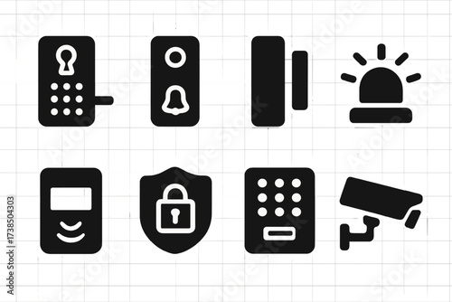 Home Security Icons. Solid, filled icon set of home security: smart lock, doorbell camera, window sensor, security alarm, motion detector, security sign,