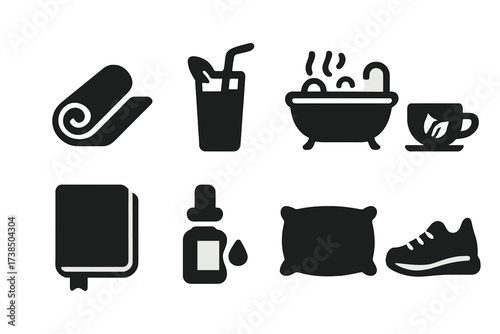 Anti-Aging Wellness Icons. Solid, filled icon set of anti-aging wellness: yoga mat, green smoothie, spa bath, herbal tea, journal, essential oil, sleep pillow,