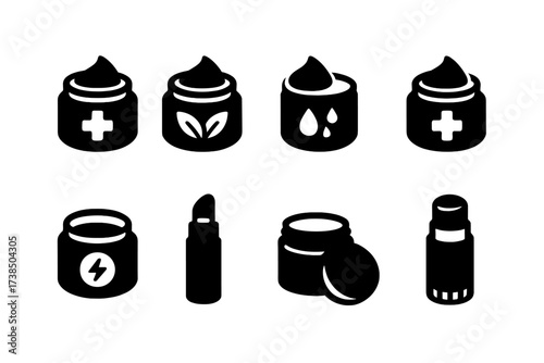Salve Icons Collection. Solid, filled icon set of salve types: healing salve, herbal salve, moisturizing salve, antiseptic salve, pain relief salve, lip salve,