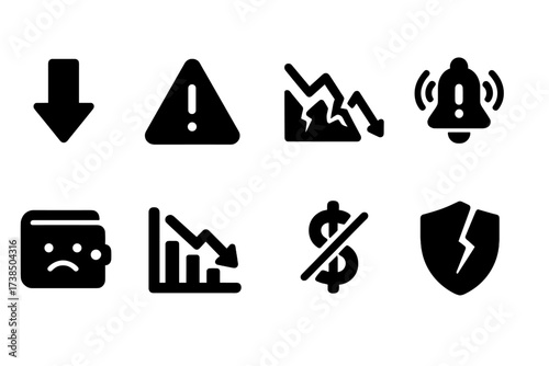 Credit Score Icons. Solid, filled icon set of credit score loss: downward arrow, warning sign, broken graph, alert bell, sad wallet, failing bar chart, crossed