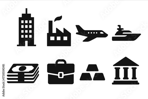 Business Assets Icons. Solid, filled icon set of tycoon business assets: skyscraper, factory, private jet, luxury yacht, cash stack, briefcase, gold bars, bank