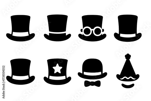 Historical Hat Icons. Solid, filled icon set of top hat historical periods: 19th century, Victorian, Edwardian, Jazz Age, Steampunk era, Modern fashion,