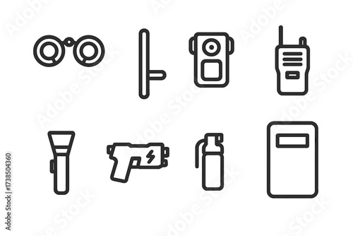 Riot Gear Icons. Outline icon set of riot shield-related law enforcement tools: handcuffs, baton, body camera, radio, flashlight, taser, pepper spray, riot