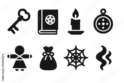 Kikimora Folklore Icons. Solid, filled icon set of kikimora related folklore objects: enchanted key, ancient book, magic candle, talisman, wooden doll, charm