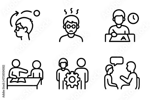 Educational Challenges Icons. Outline icon set of educational challenges: distraction, stress, deadline, exam, procrastination, teamwork, tutor, counseling.