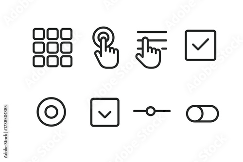 Touch Interface Icons. Outline icon set of touch user interface: button grid, icon tap, menu selection, checkbox, radio button, dropdown, slider bar, toggle.