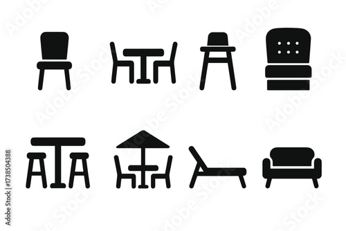 Black Buffet Seating Icons. Solid, filled icon set of buffet seating: chairs, tables, benches, high chairs, booths, bar stools, outdoor seating, lounge area.