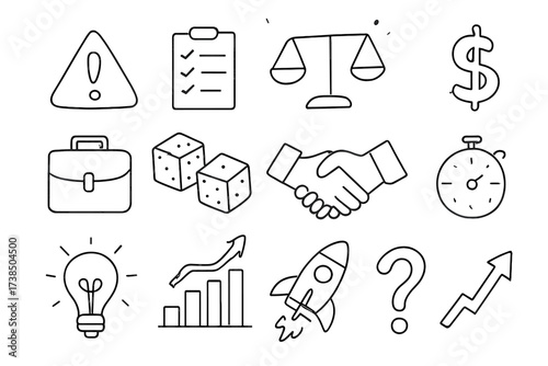 Business Risk Icons. Hand-drawn doodle illustration Business risk assessment warning triangle, clipboard, balance scale, dollar sign, briefcase,
