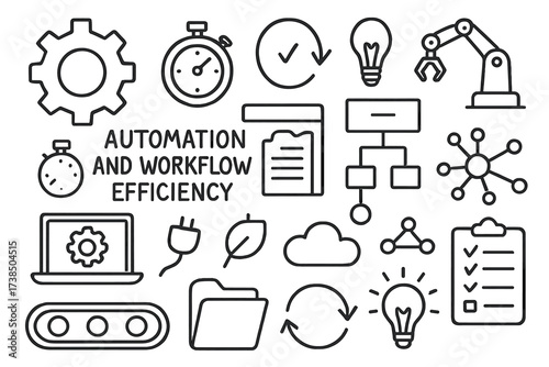 Automation Workflow Doodles. Hand-drawn doodle illustration Automation and workflow efficiency gear, conveyor belt, stopwatch, checklist, flowchart, laptop,