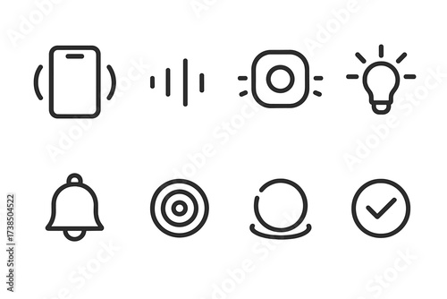 Touch Feedback Icons. Outline icon set of touch feedback: vibration, sound wave, haptic pulse, light flash, notification, ripple effect, animation,