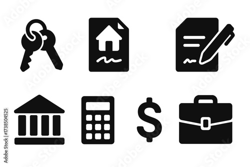 Property Settlement Icons. Solid, filled icon set of property settlement: house keys, deed document, handshake, contract, bank building, calculator, dollar