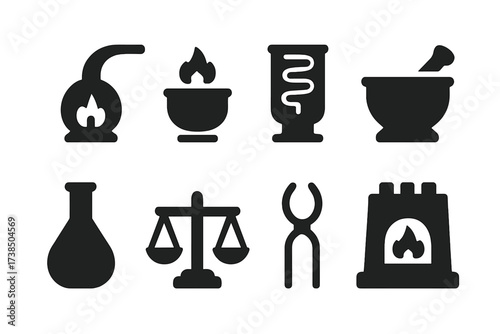 Alchemical Tools Icons. Solid, filled icon set of alchemical tools: alembic, crucible, distillation coil, mortar and pestle, retort flask, balance scale,