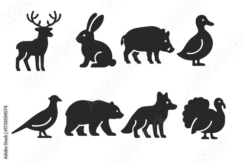 Hunting Animals Icons. Solid, filled icon set of hunted animals: deer, rabbit, boar, duck, pheasant, bear, fox, turkey. Solid, filled icons in only black