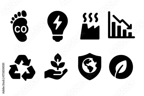 Environmental Impact Icons. Solid, filled icon set of environmental impact: carbon footprint, green energy, pollution reduction, climate chart, recycling, tree