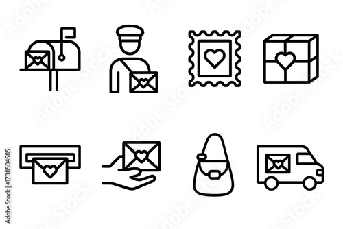 Love Note Icons. Outline icon set of love note delivery: mailbox, postman, stamp, parcel, letterbox slot, hand passing letter, mailbag, courier van. Line icons
